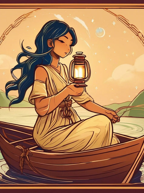 Virgo Zodiac sign A yung girl sitting on a boat with lamp