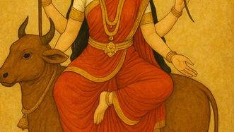 A hindu godess Shailya putri sitting over Bull with a Lotus on her hand