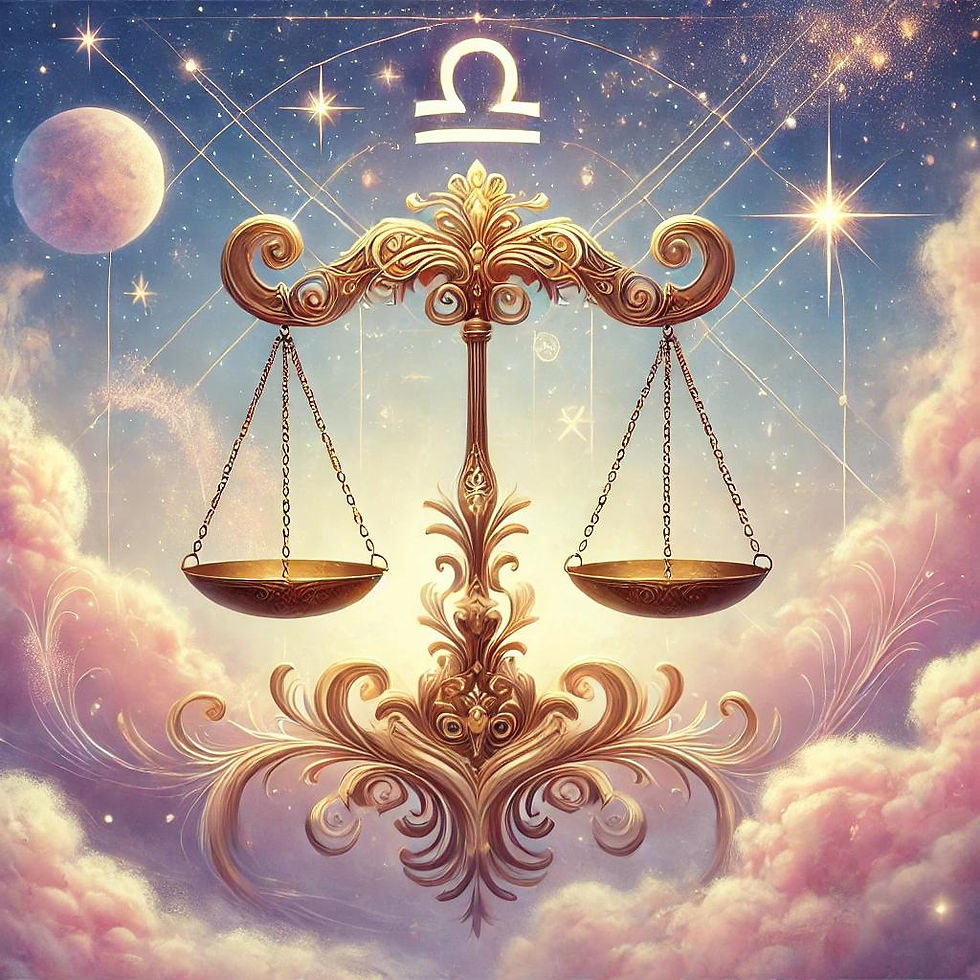 तुला राशि का प्रतीक सुनहरे तराजू के साथ खगोलीय पृष्ठभूमि में, जहाँ सितारे और ग्रह अपनी चमक बिखेर रहे हैं।