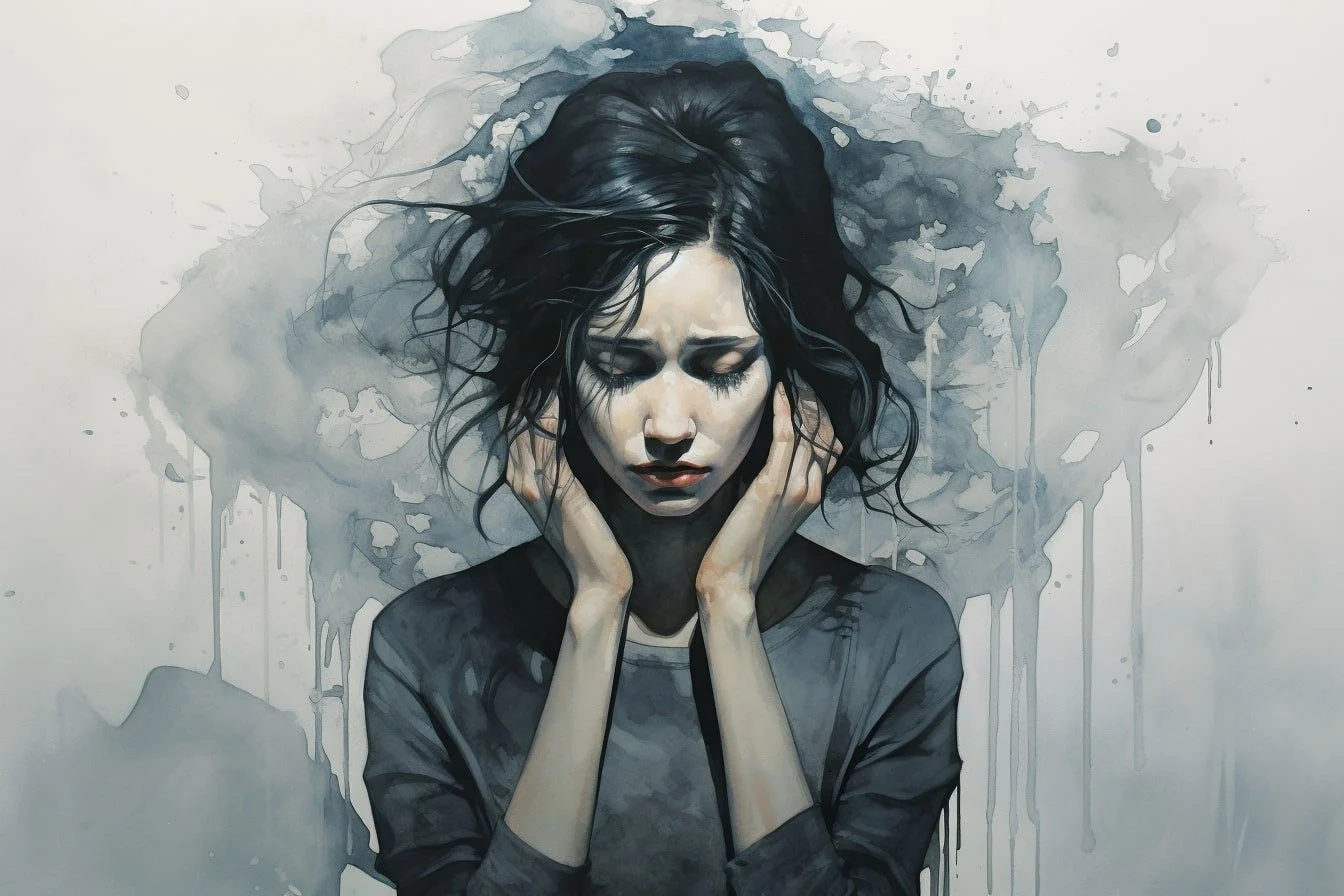 A painting of a woman with her hands on her head.