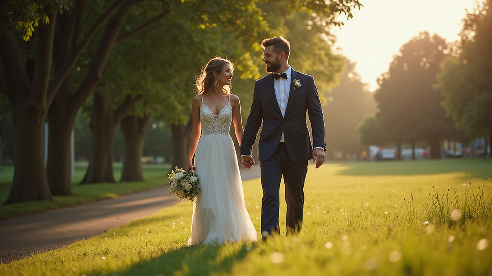 Eye-level view of a wedding photographer capturing a couple in a Cardiff park