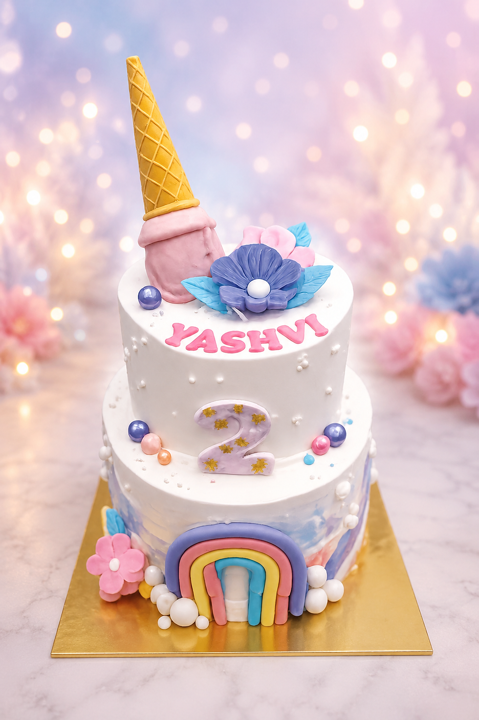 Two-tier birthday cake for Yashvi's 2nd tasty treat