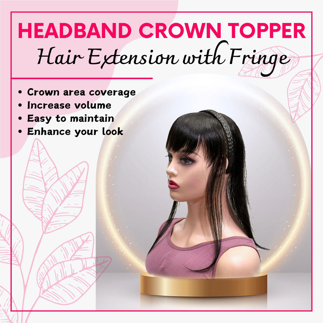 Human Hair Crown Topper Hair Extension with Headband & front Fringe for Women