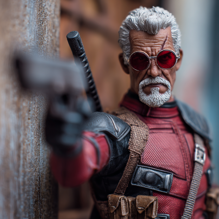 A handpainted action figure closeup of an older man in superhero clothing raising a weapon at the viewer.