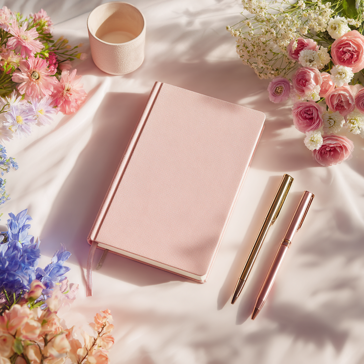 A journal lays closed surrounded by flowers and pens.