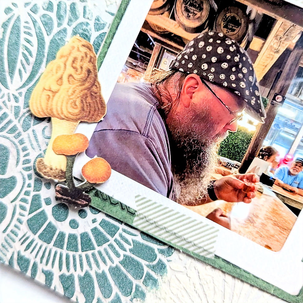Bearded man in a polka dot cap sits at a rustic table with others in the background. Decorative mushroom cutouts on Polishing plaster textured background