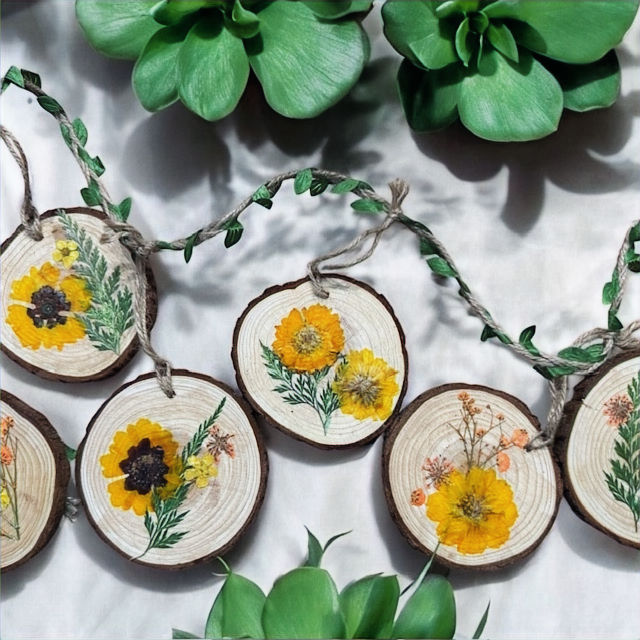 Wood slices with pressed yellow flowers and greenery hang on twine. Green succulents surround. Bright and natural decor setting.