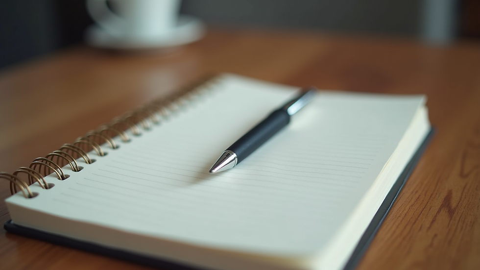 Eye-level view of a journal and pen on a wooden desk
