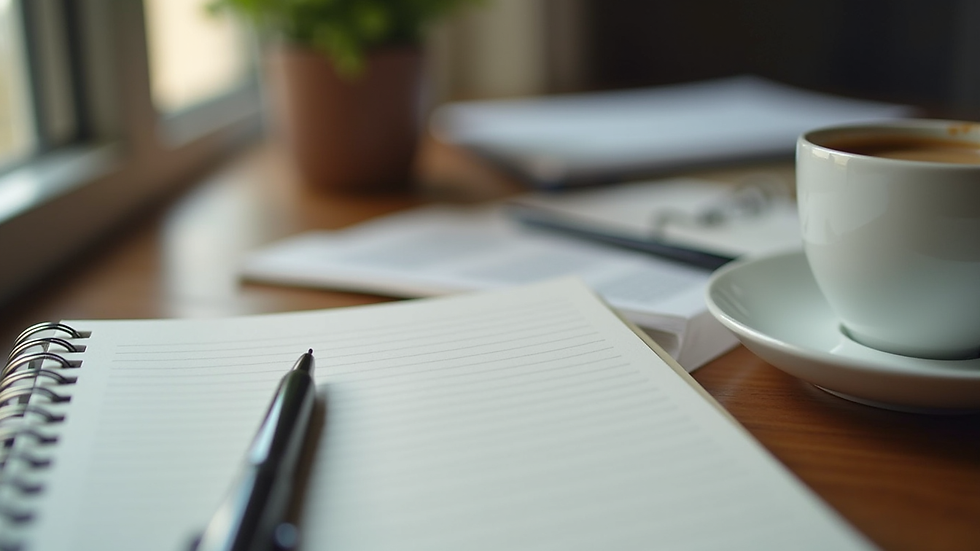 Close-up view of a notebook and pen on a desk with a cup of coffee