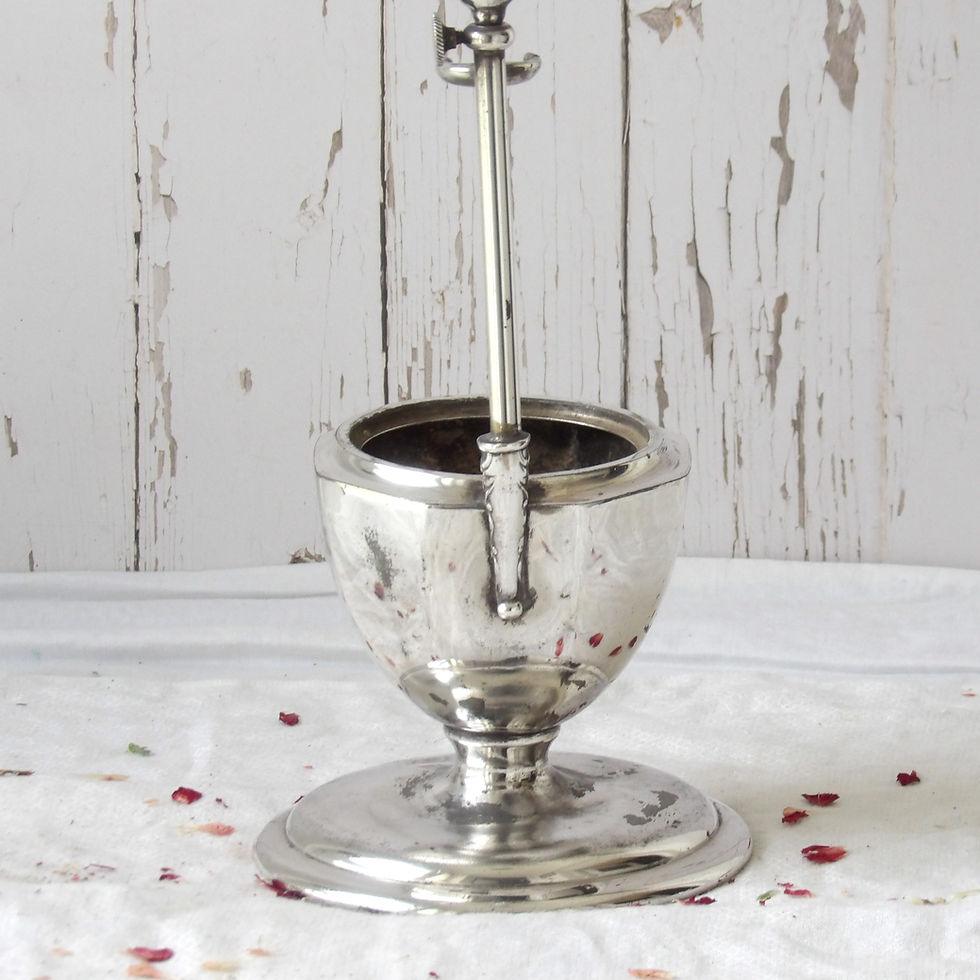 Thumbnail: antique silverplate shaving mirror on stand with etched cup