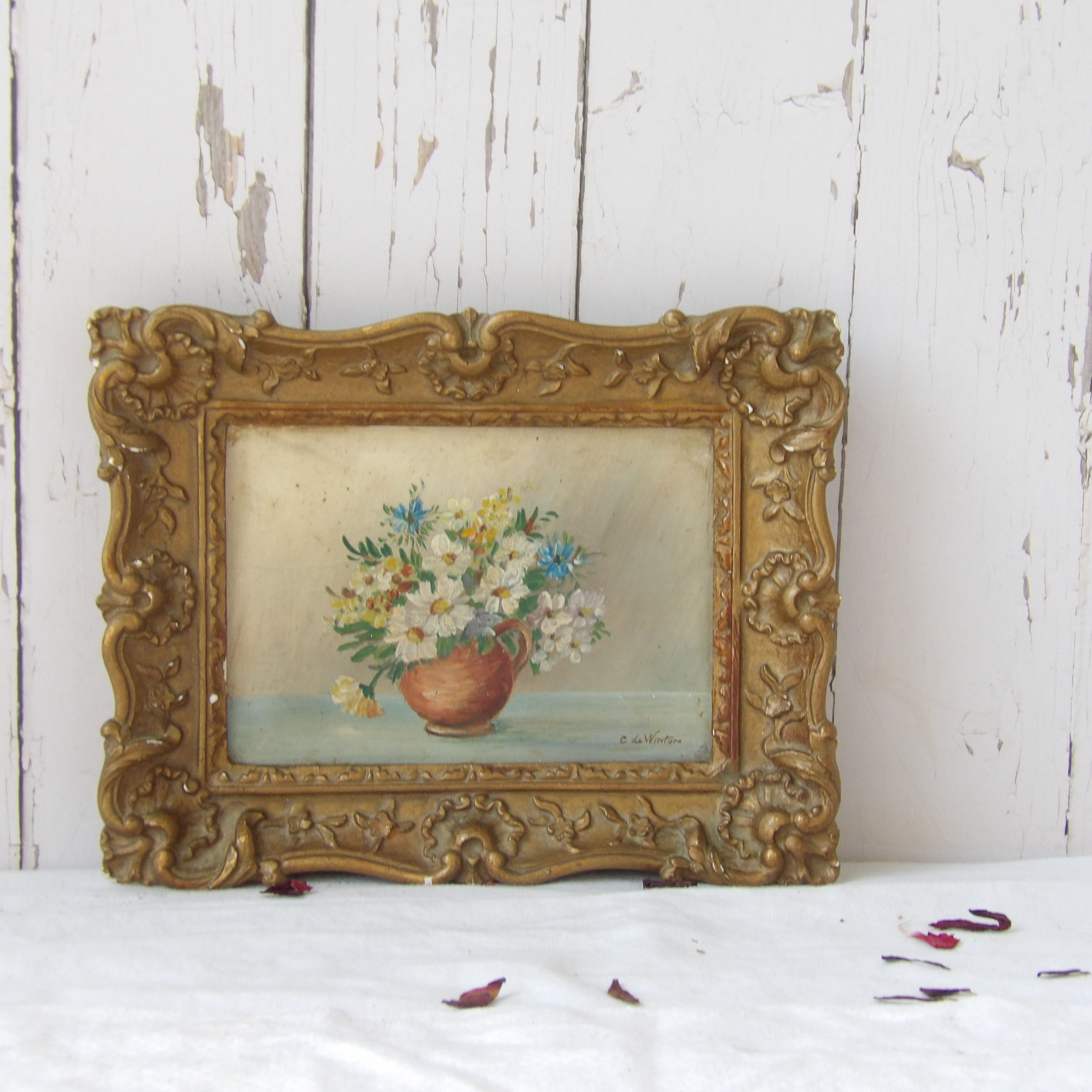 House of Marco Cortinelli floral painting in plaster frame