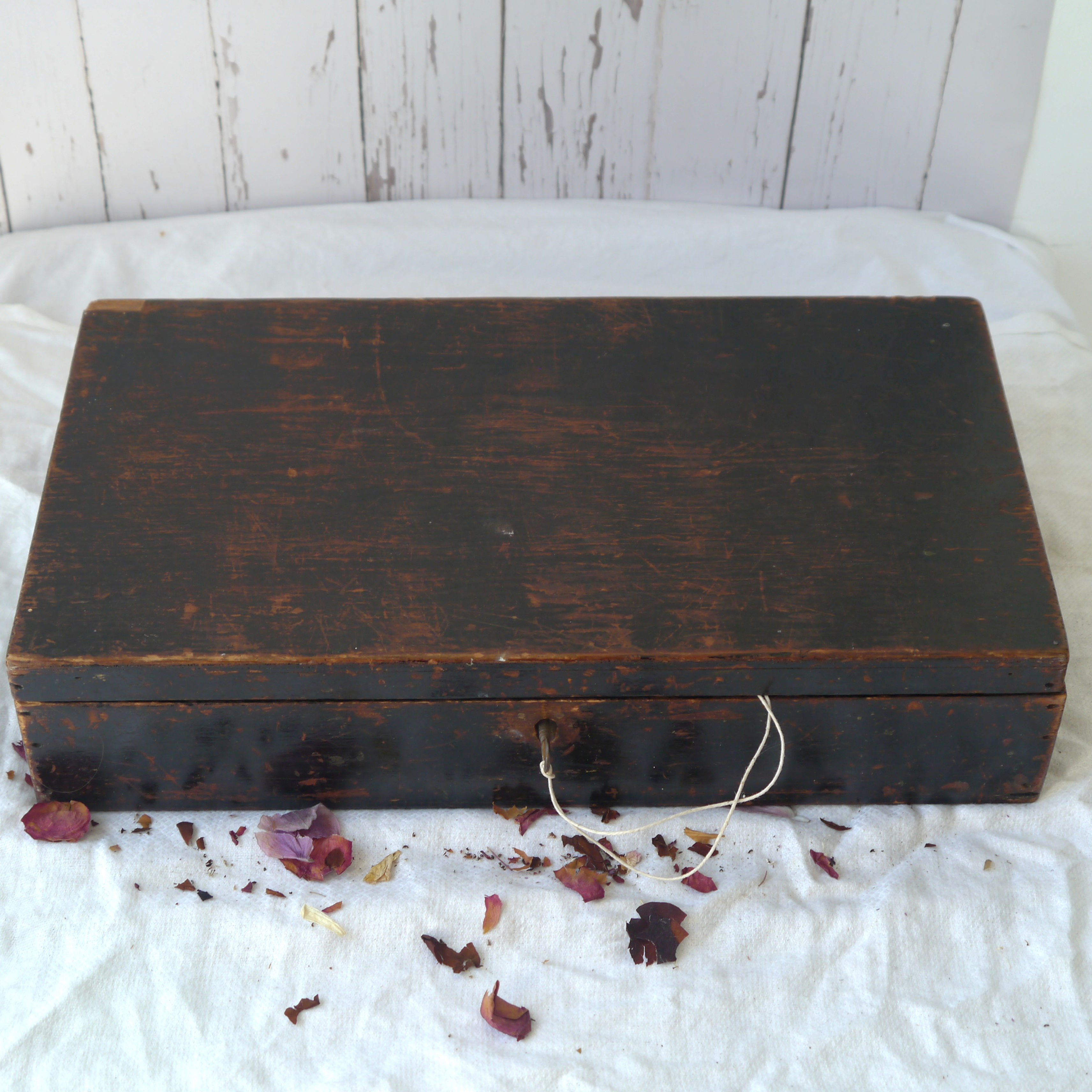 Vintage painted wooden box with key