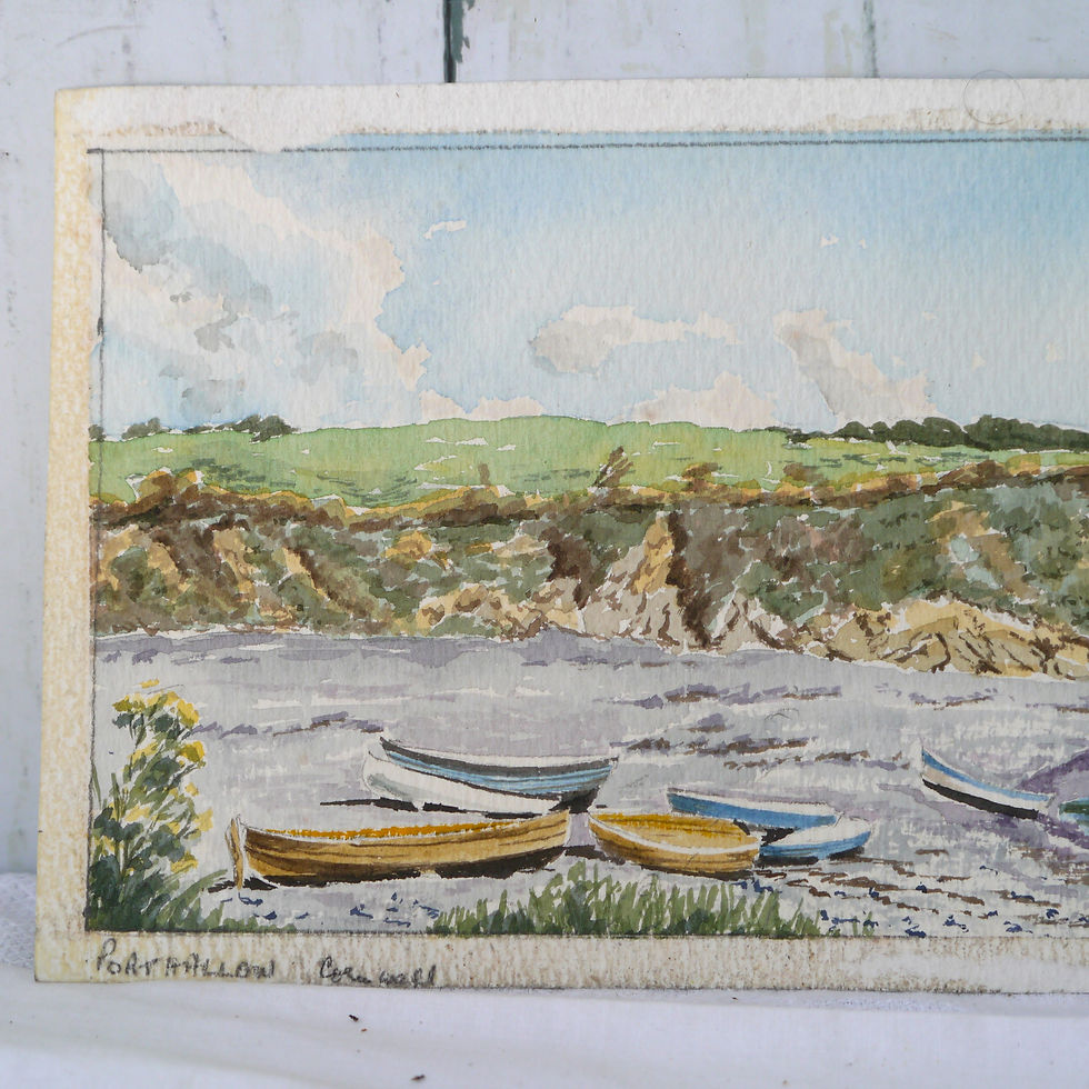Vintage watercolour painting showing boats in cove and cliffs