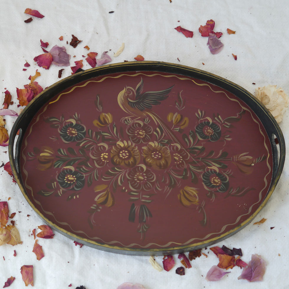 Vintage oval Italian tray with painted flowers and bird