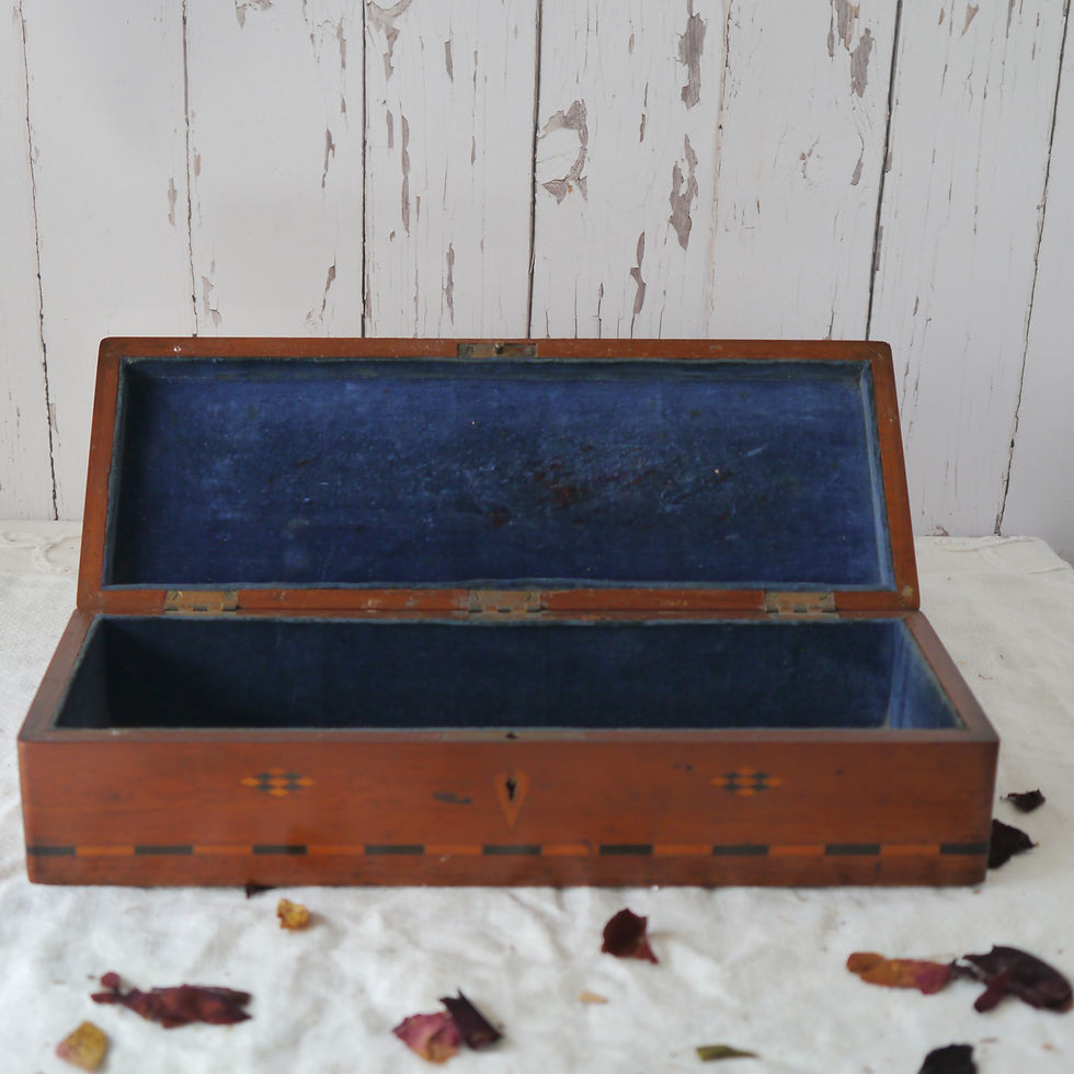Thumbnail: Edwardian inlaid wooden box with blue velvet lining