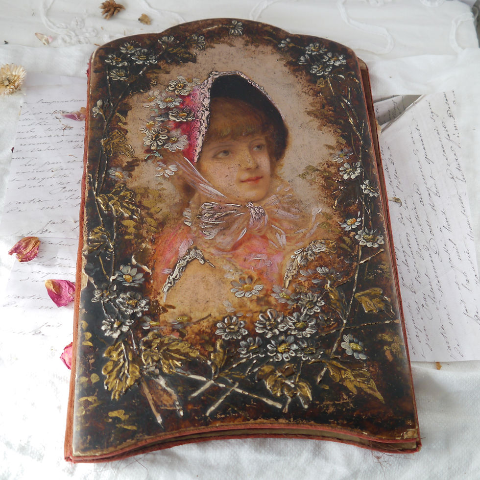 Victorian stationery folder with painted girl and flowers and silk pockets