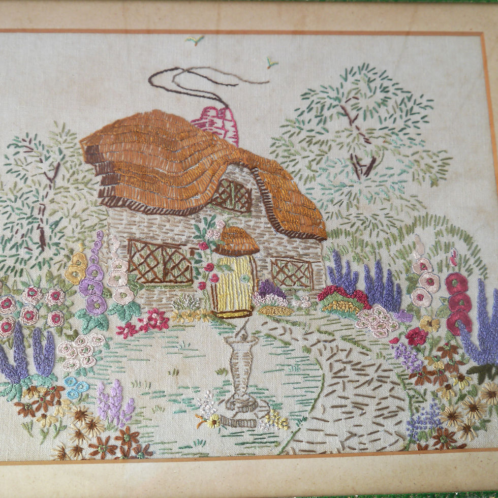 Vintage framed cottage and cottage garden embroidery