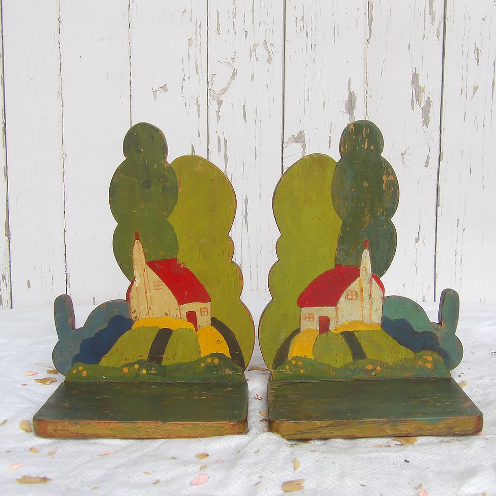 vintage wooden folk art bookends with painted cottage and trees