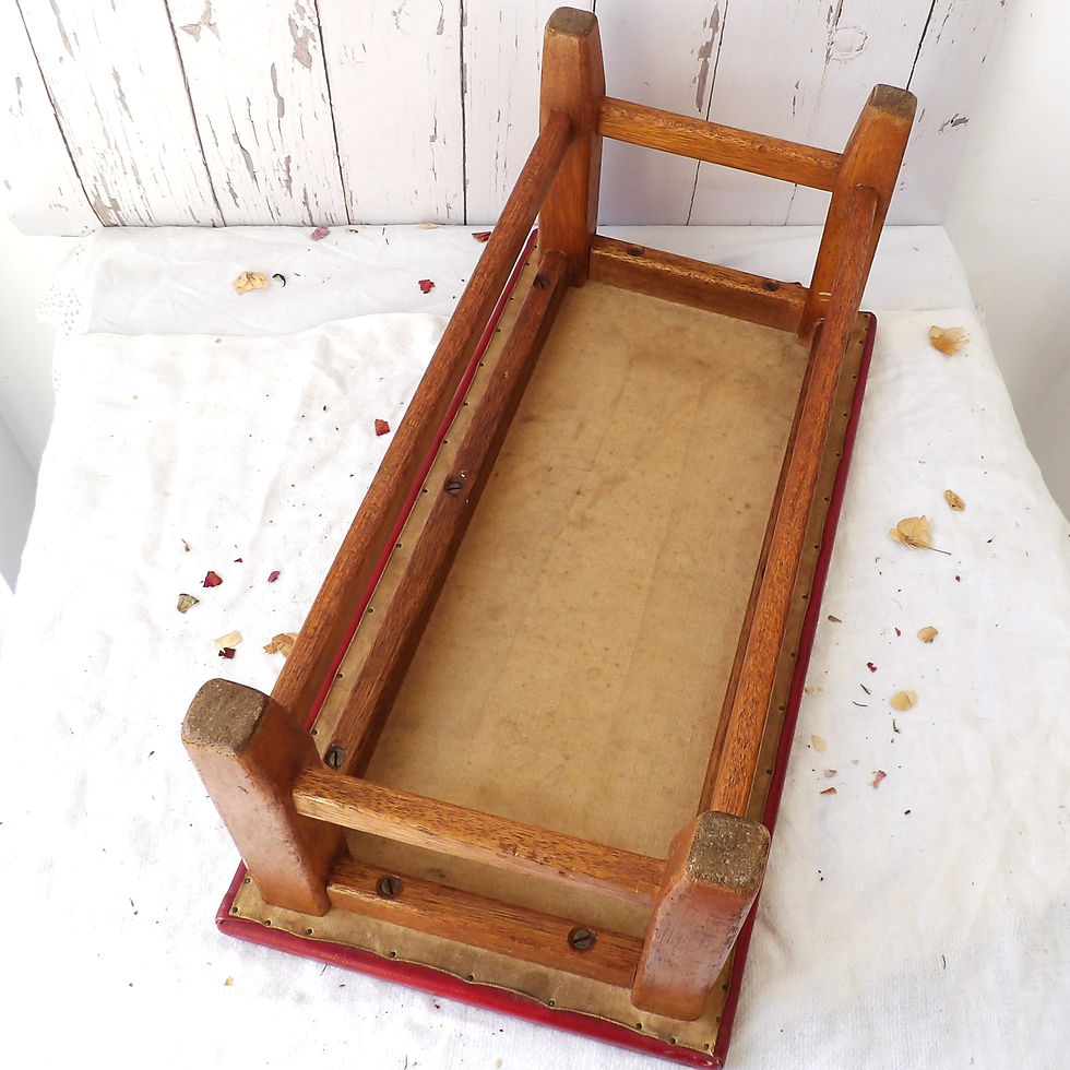 Thumbnail: Vintage wooden foot bench with red leatherette seat
