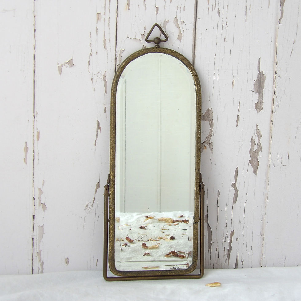 Thumbnail: Mini antique bevelled brass folding mirror with hanging loop