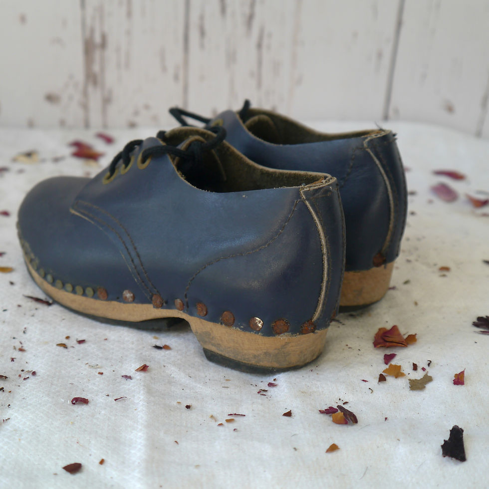 Thumbnail: A pair of vintage blue leather children's clogs