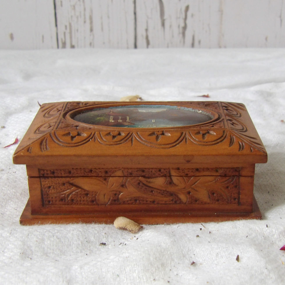 Thumbnail: mini antique carved Swiss box with riverscape painting