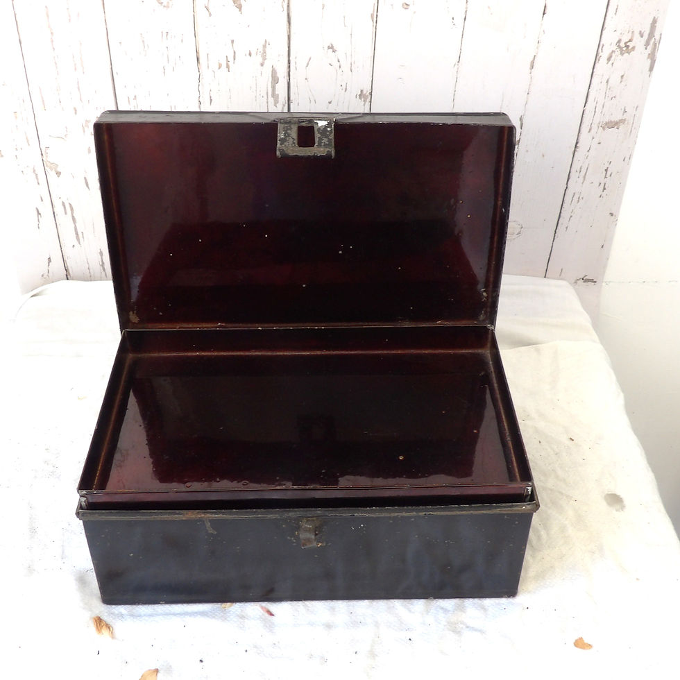 Antique metal strong box with lacquered interior