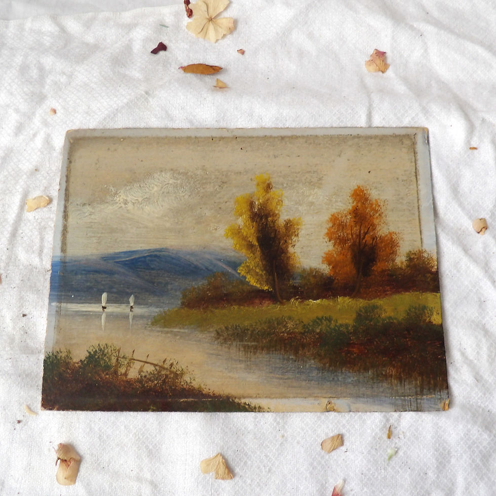 Thumbnail: small unframed antique riverscape painting with boats