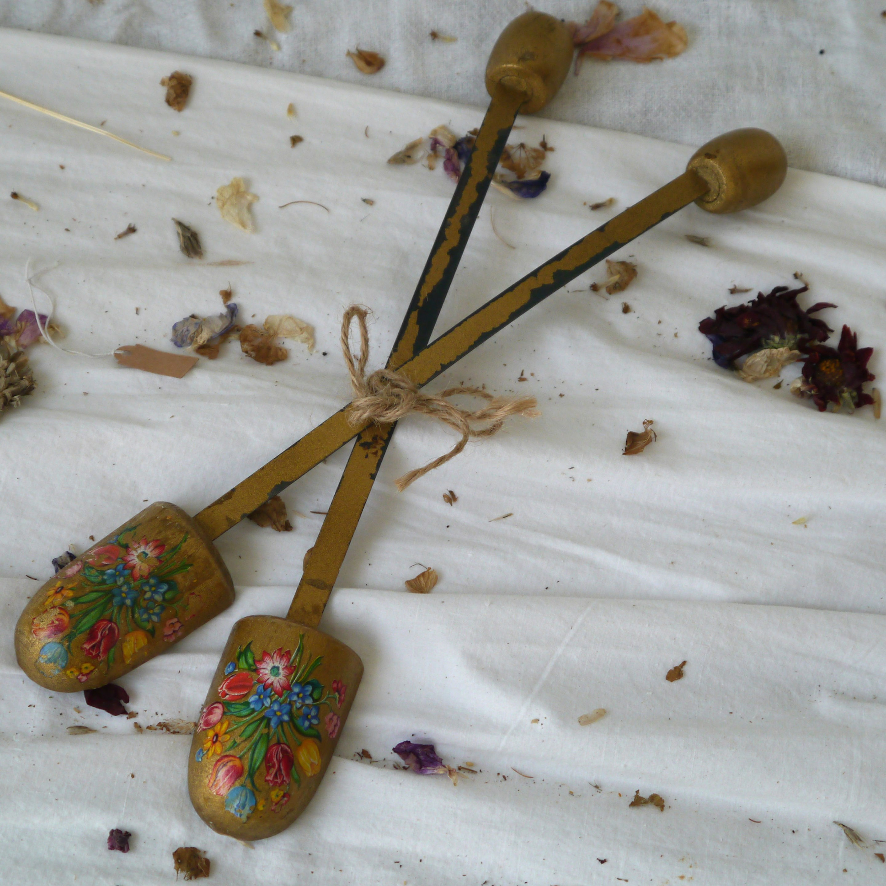 Pair of vintage mini shoe lasts painted gold with flowers