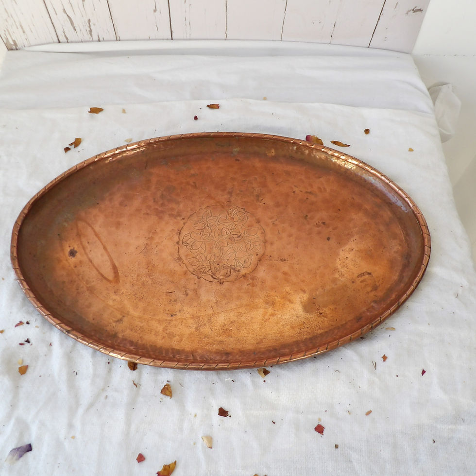 Antique oval copper tray with etched roses