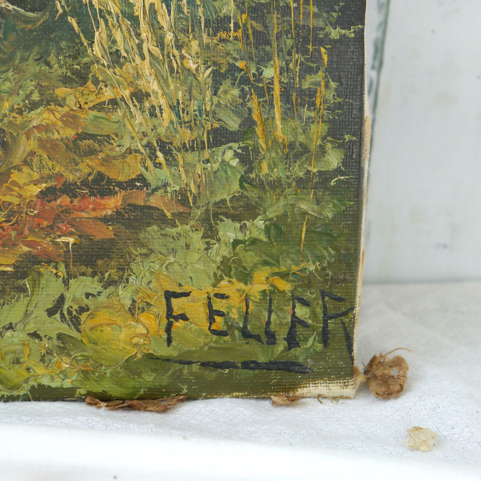 Thumbnail: Signature vintage oil painting showing a lake scene with small boats