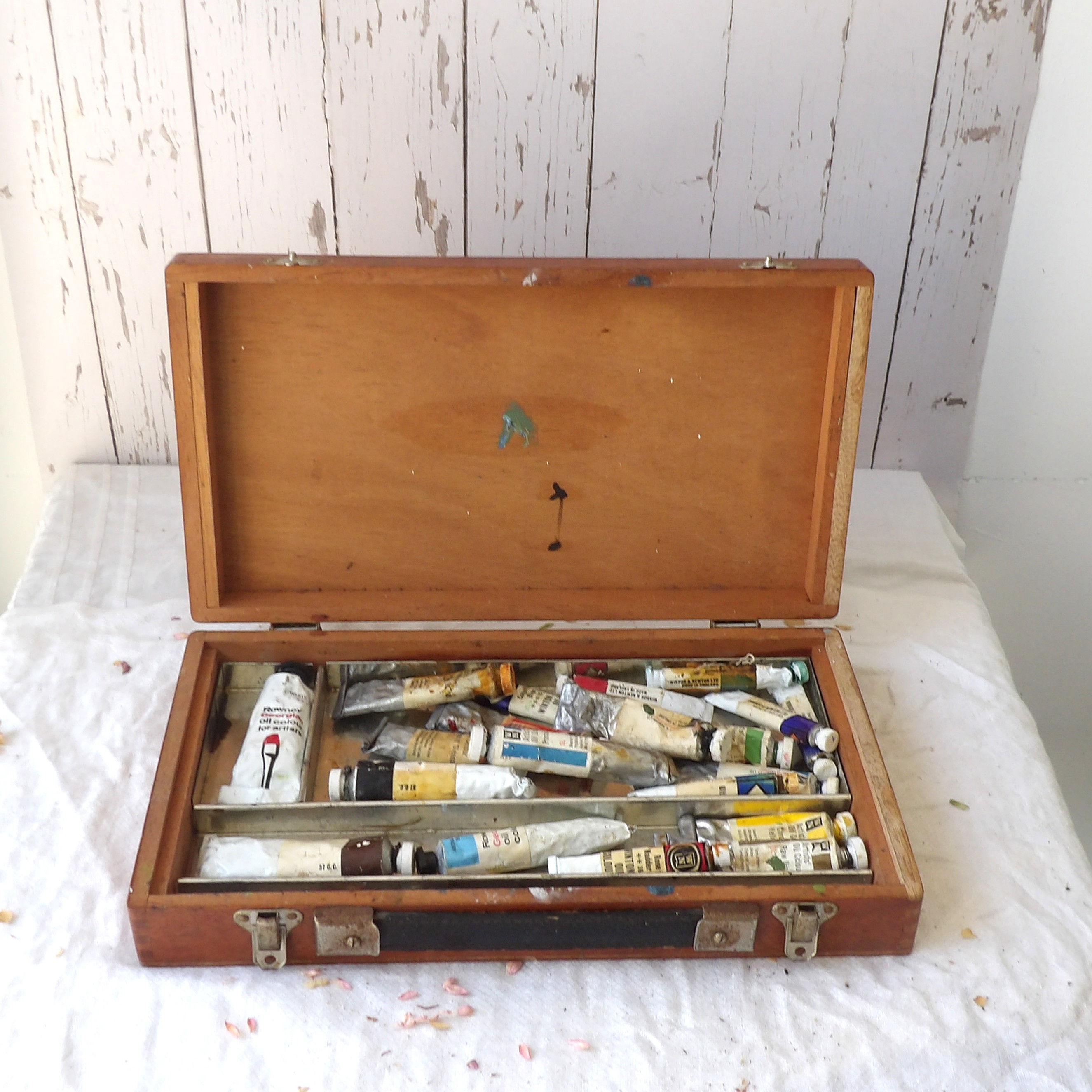 small vintage wooden artist paint case with paints