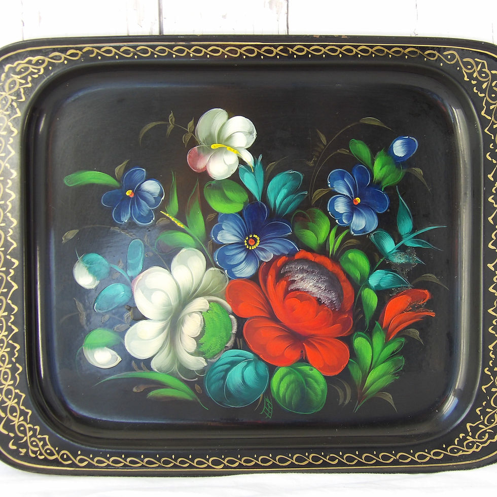 Thumbnail: Vintage black metal tray with painted flowers