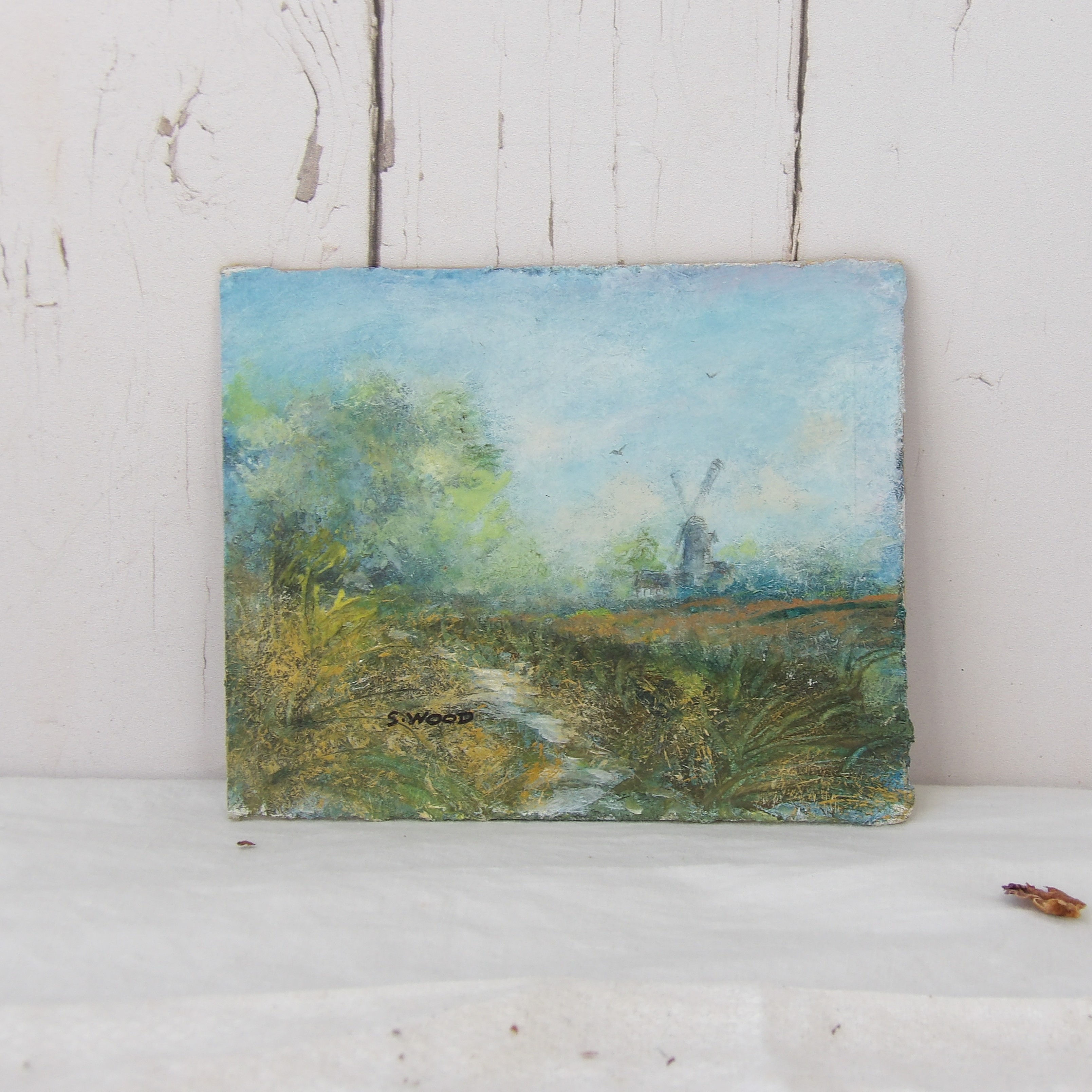 Mini vintage windmill oil painting on board signed