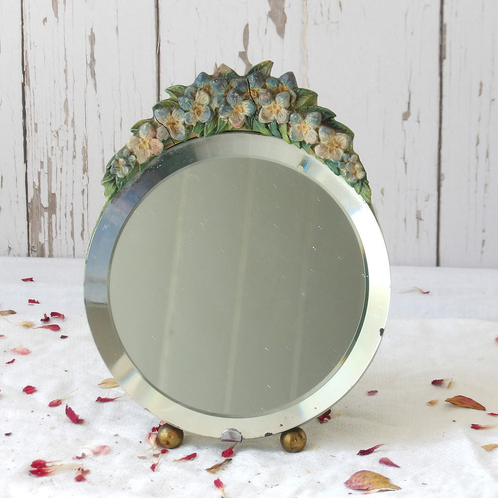 Round vintage bevelled barbola vanity mirror with blue flowers