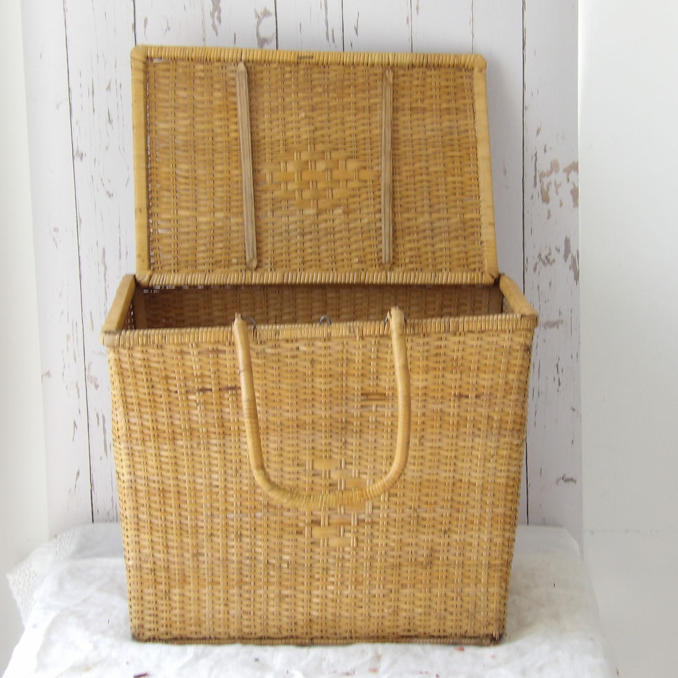 Thumbnail: Antique cane and bamboo hamper basket with lid