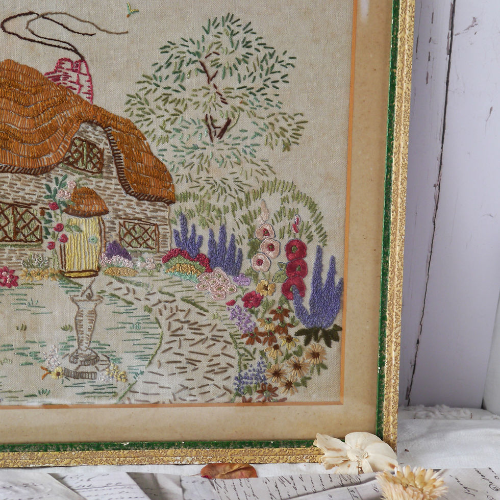 Thumbnail: Vintage framed cottage and cottage garden embroidery