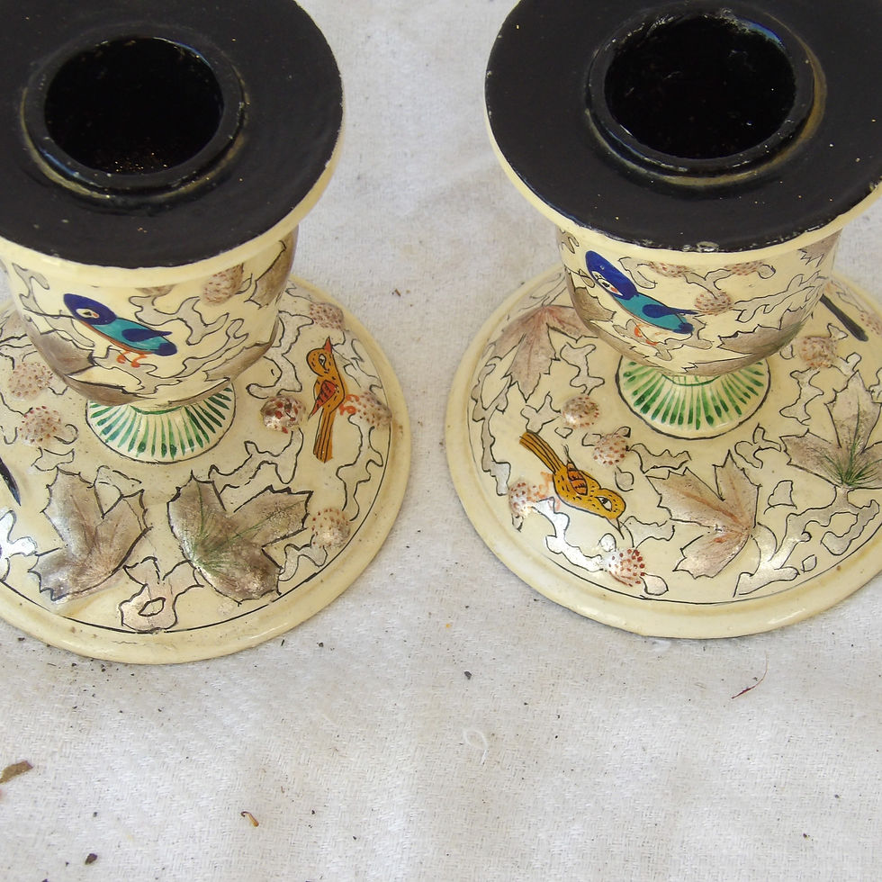 Thumbnail: pair of vintage candle holders with painted birds and leaves
