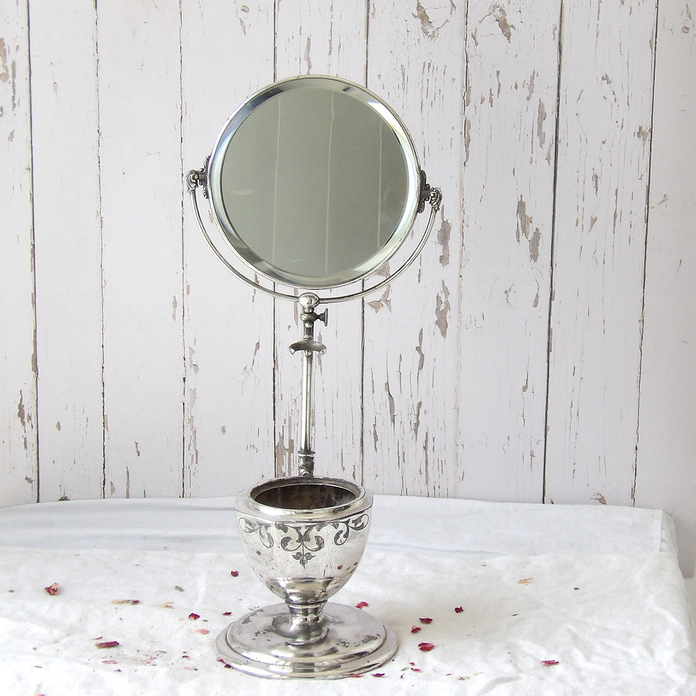 antique silverplate shaving mirror on stand with etched cup