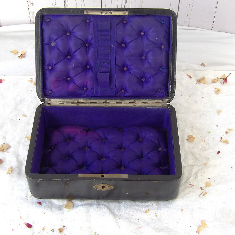 Thumbnail: antique black leather jewellery box with key
