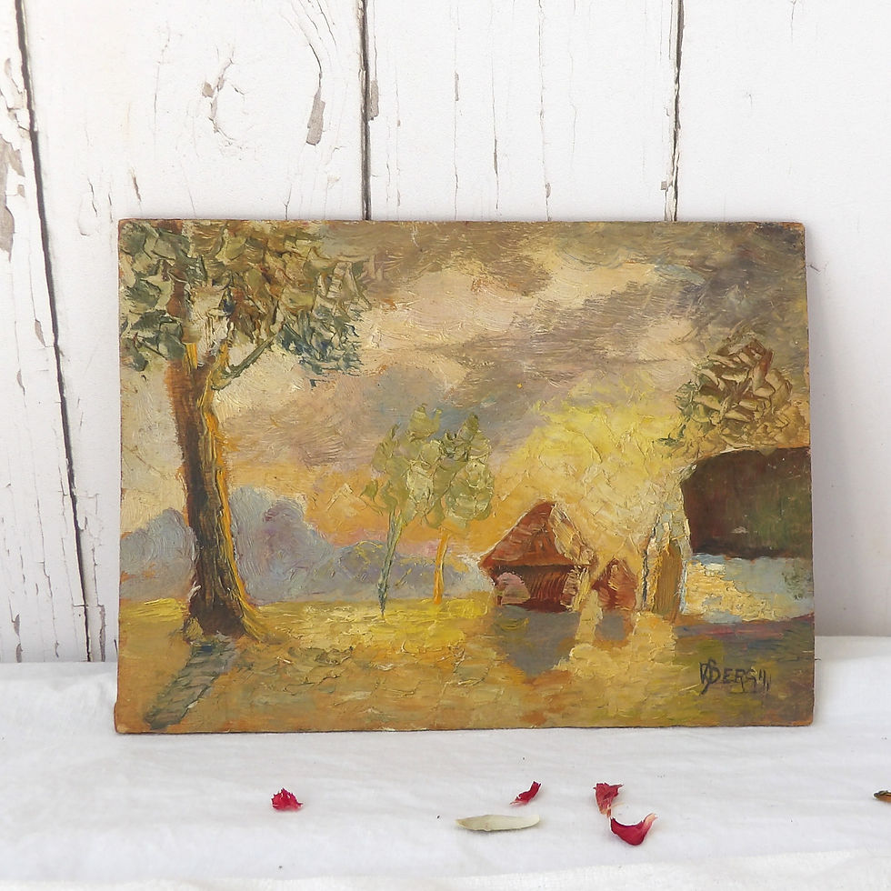 Small vintage landscape oil painting on wood