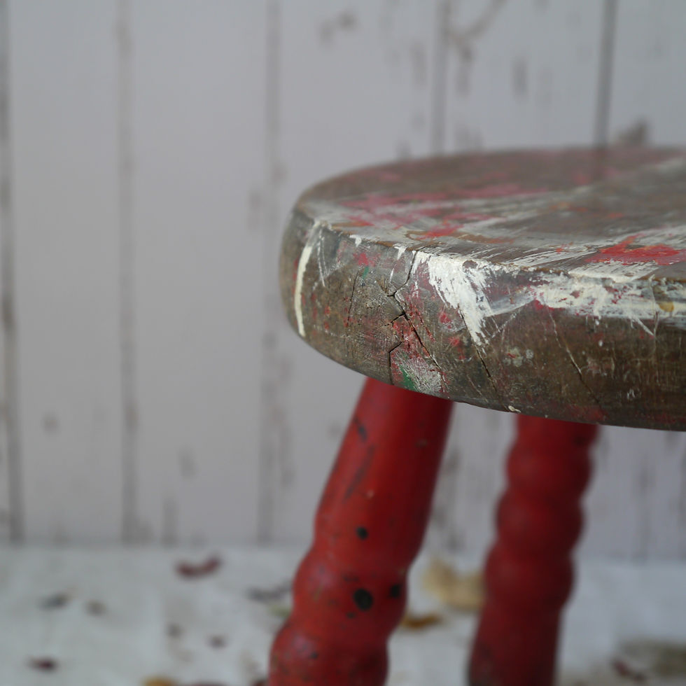 Thumbnail: Vintage chippy red painted stool with four turned legs
