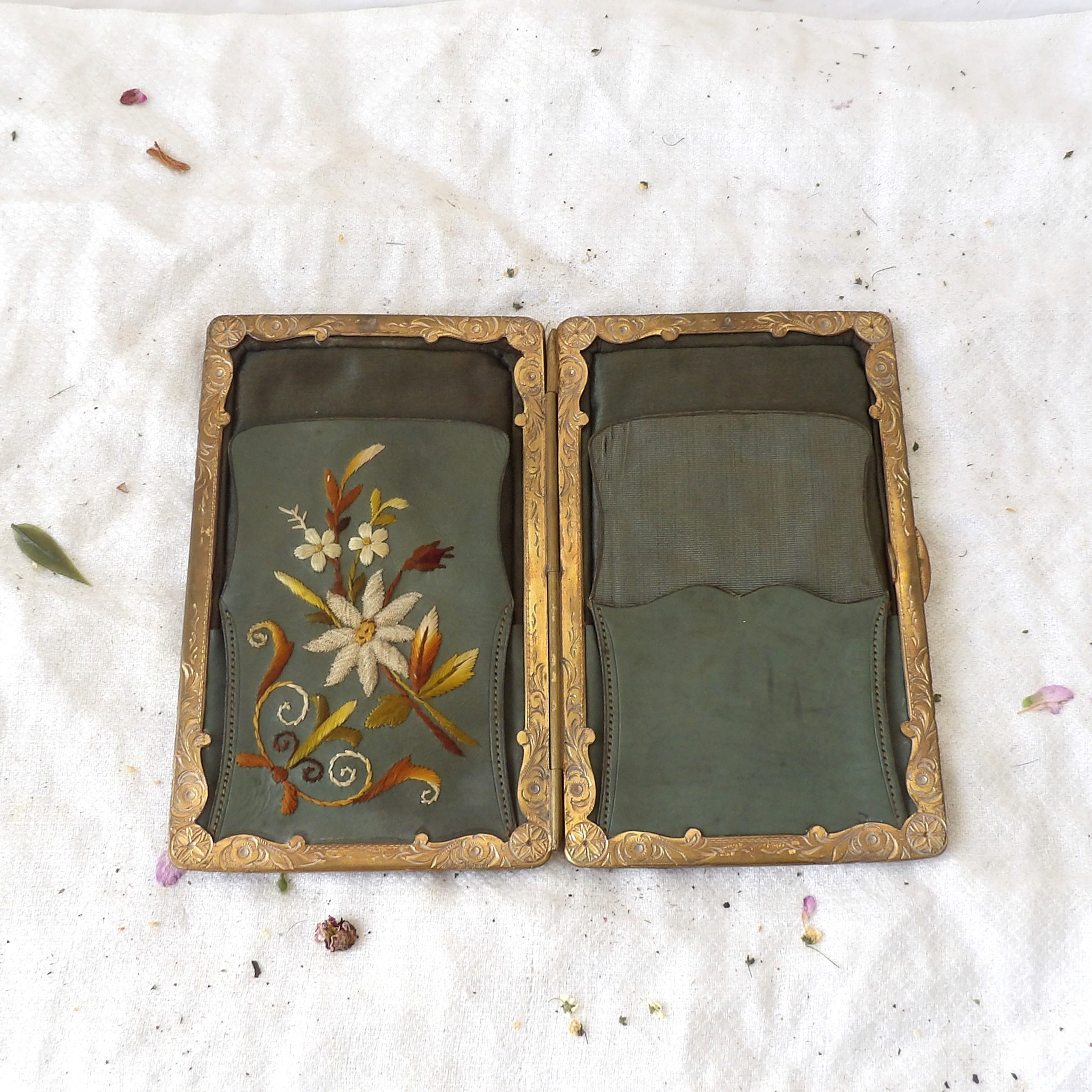Victorian leather calling card case with embroidered flowers