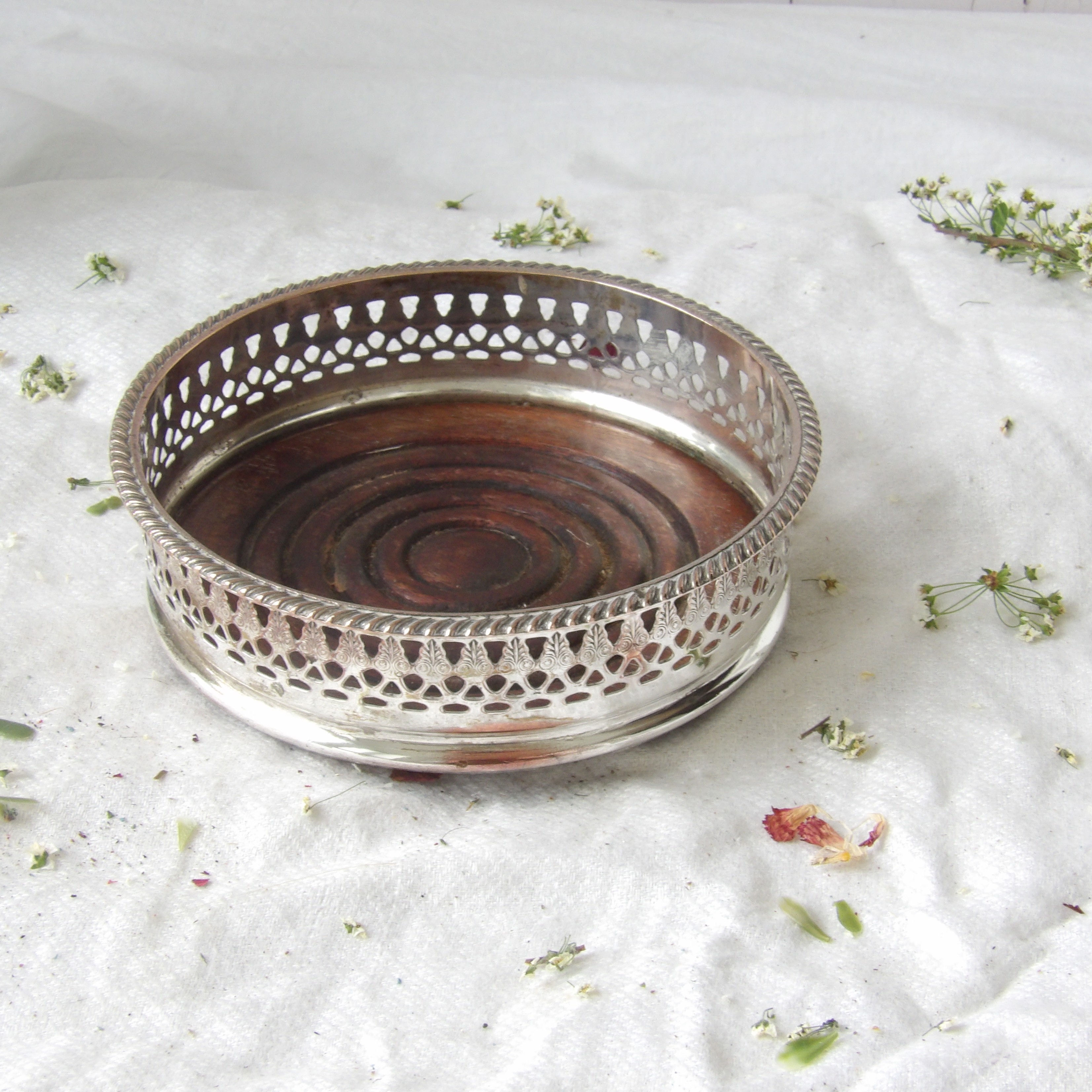 vintage silverplate on copper bottle coaster