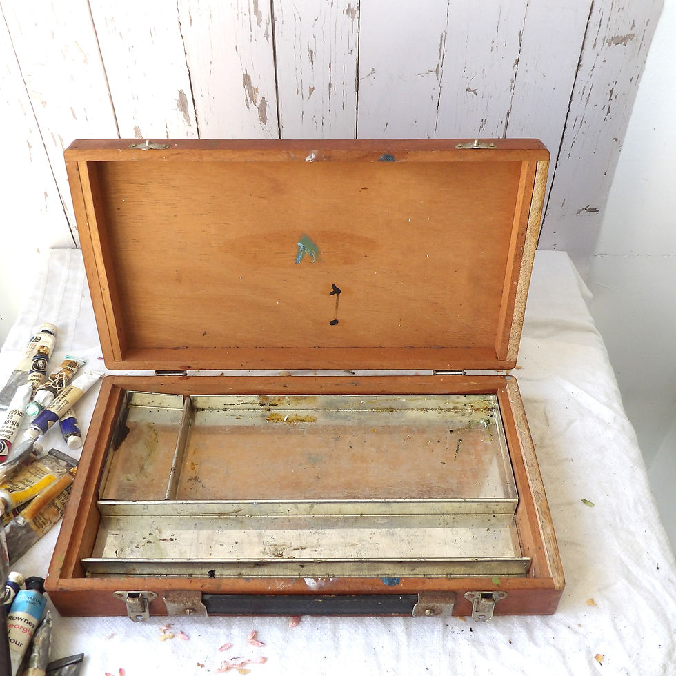Thumbnail: small vintage wooden artist paint case with paints