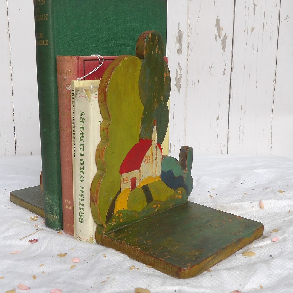 Thumbnail: vintage wooden folk art bookends with painted cottage and trees