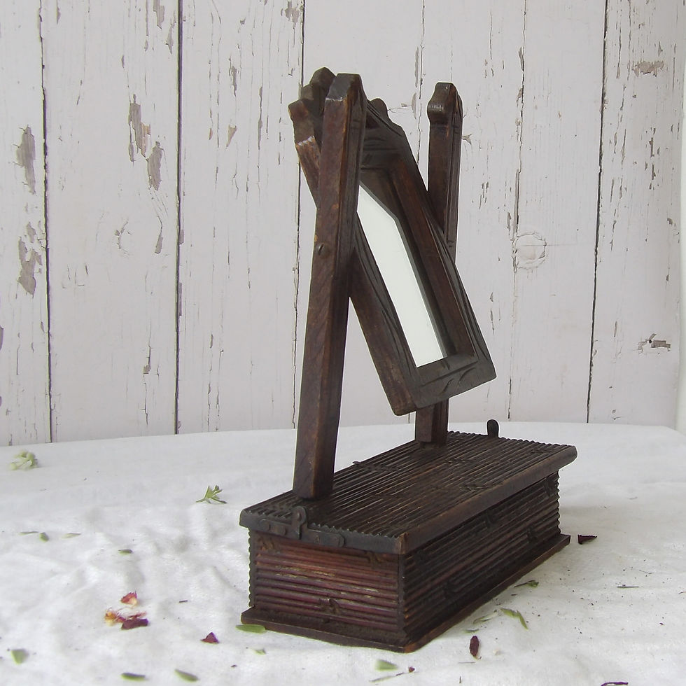 Thumbnail: antique carved small wooden vanity mirror with box