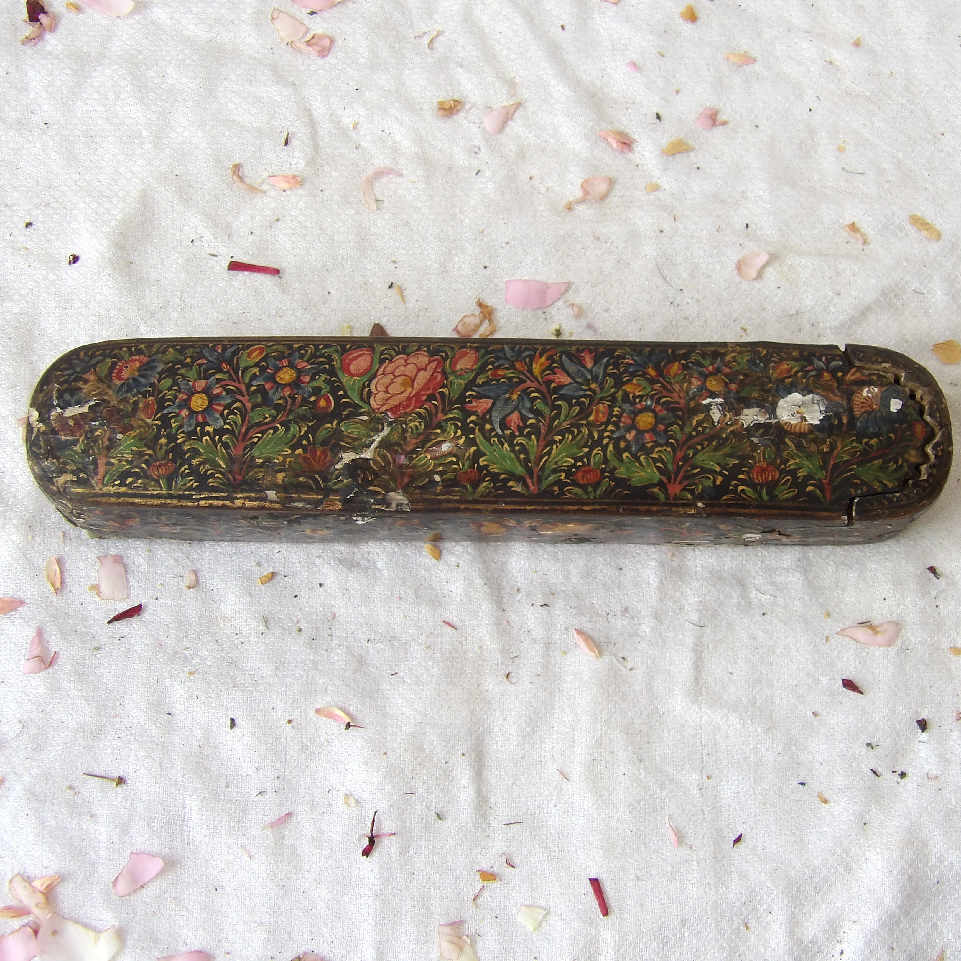 antique paper Mache pencil box with painted flowers