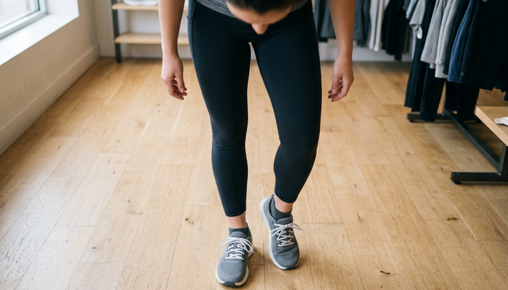 Overhead view of feet testing athletic shoe fit on a store floor.
