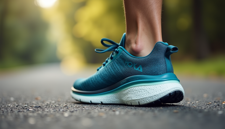Close-up side view of Hoka Mach 6 running shoe on pavement